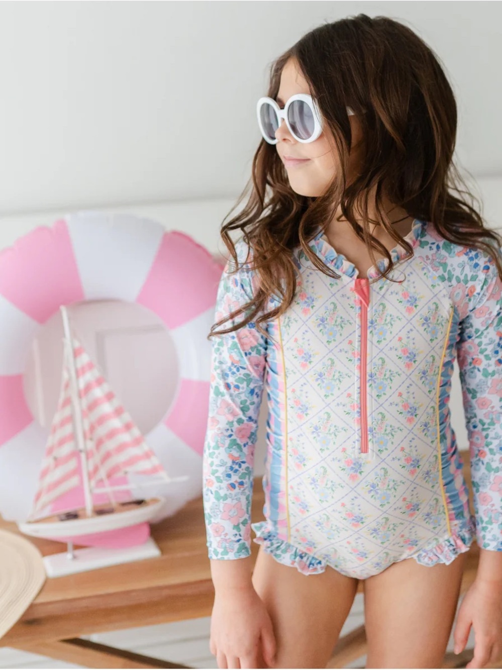 Matilda Jane Pink & Blue Floral Zip-Front Long Sleeve Rashguard
